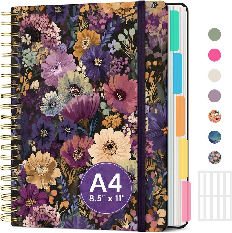 Taja Large Spiral Lined Notebooks for Work with Removable Dividers & Tabs, 8.5"x11" Pretty Hardcover 5 Subject Notebook Journal for Women, College Ruled, Perfect for Study & Office Organization, 280 Pages,Midnight Bloom - Image 1